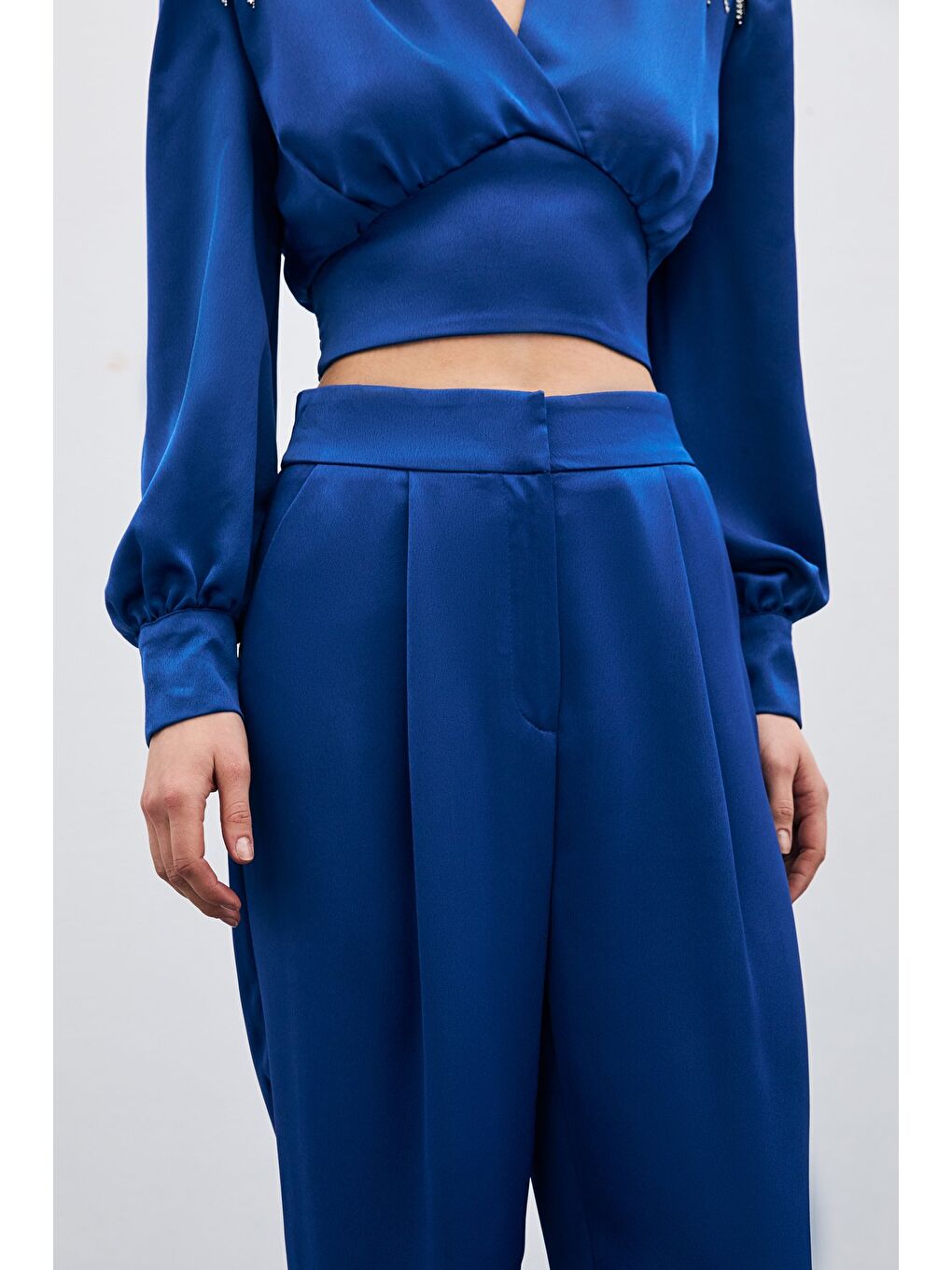 Pileli Saten Krep Pantolon - İndigo-3