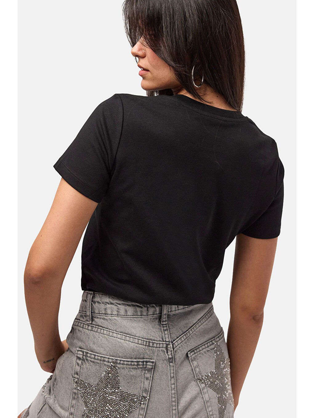 Kadın Siyah s6-1 Bisiklet Yaka Organik Pamuk T-Shirt-3