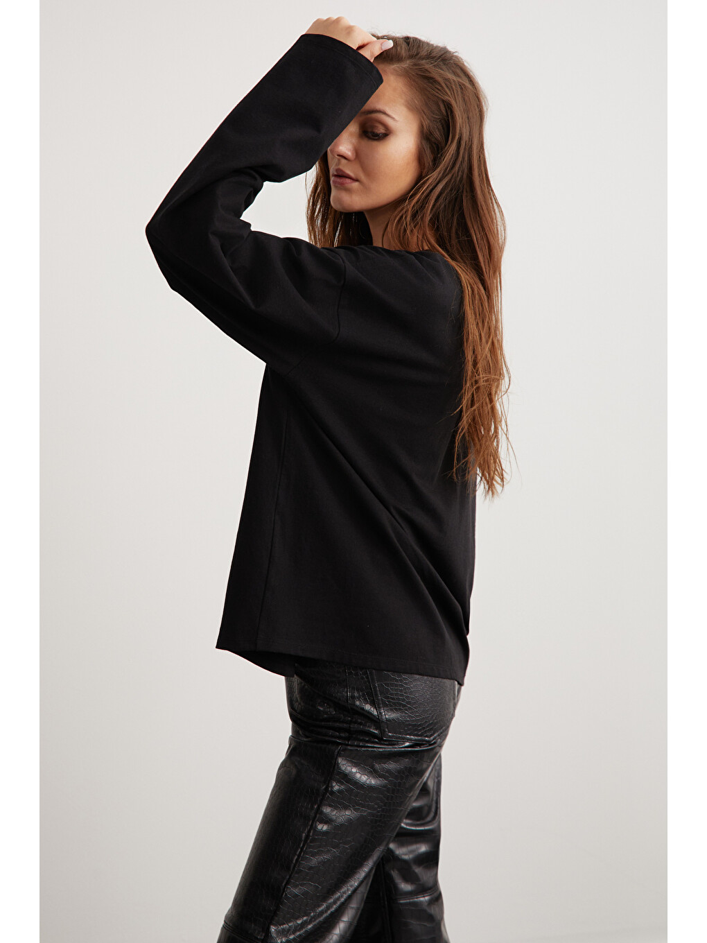 Siyah BASIL Kadını Oversize %100 Organik Pamuk Örme Uzun Kol SİYAH T-Shirt-3