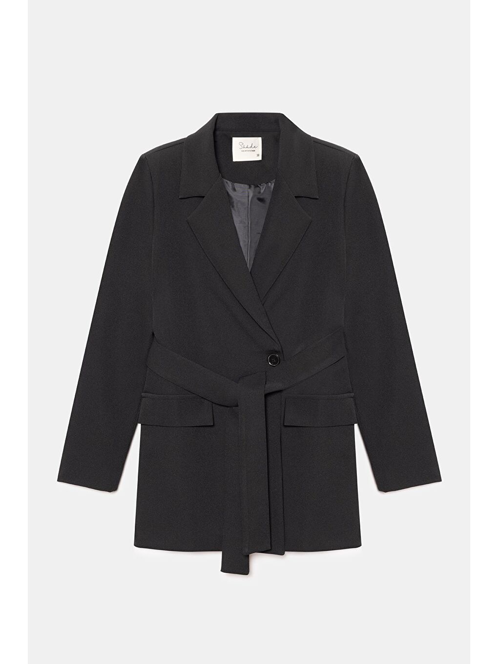 Siyah Kadın Tek Düğmeli Dokuma Kruvaze Blazer Ceket - Kuşaklı-4