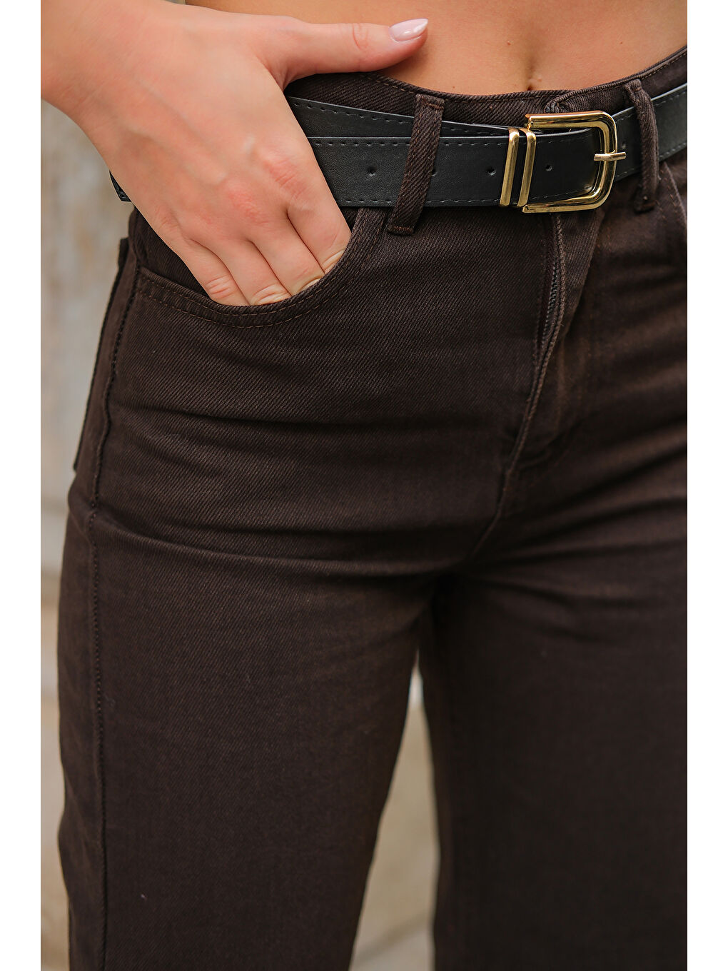 Kadın Kemerli Jean Pantolon Kahverengi-2