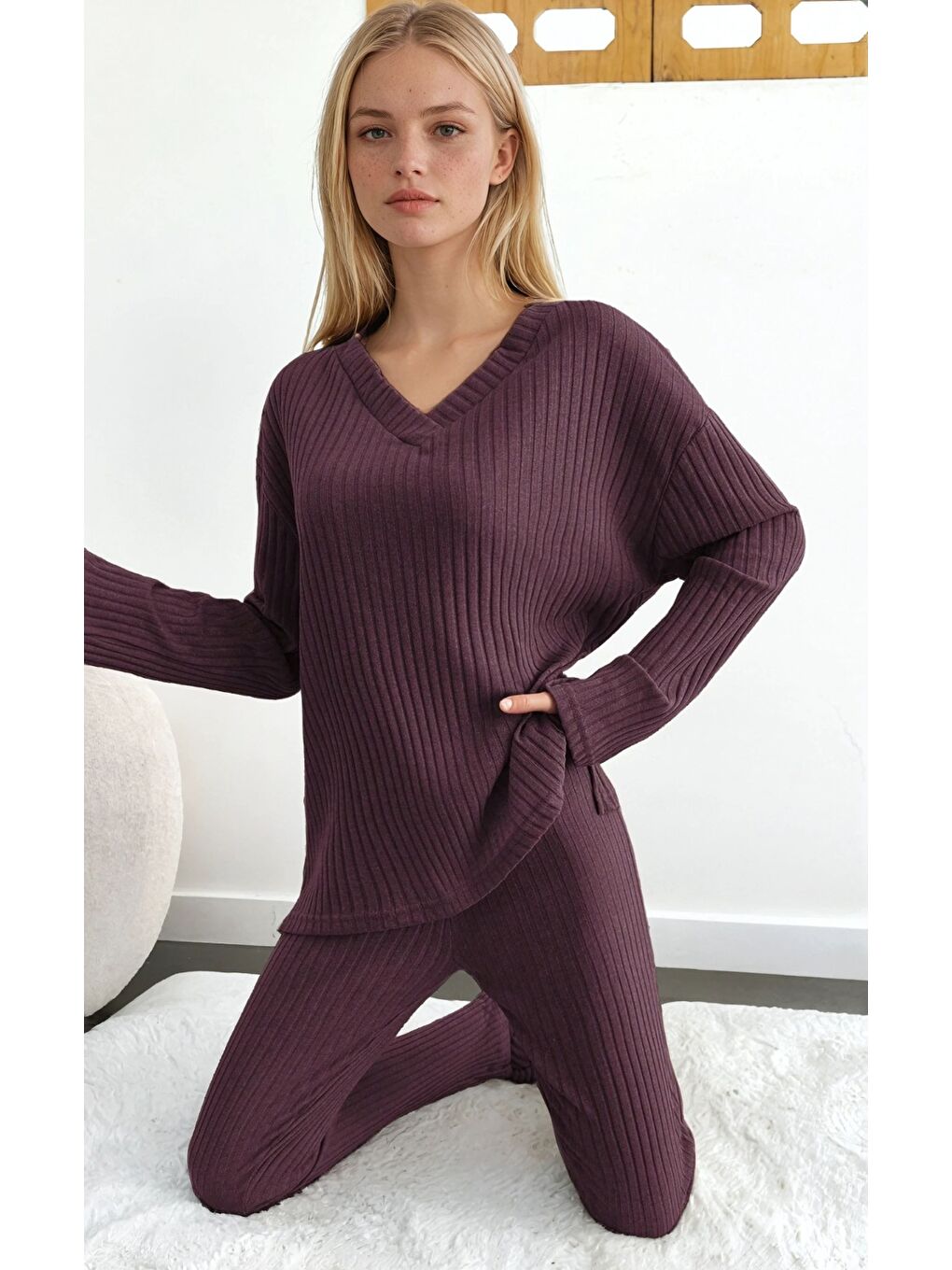 Bordo Raporlu Kumaş Uzun Kol Pijama Takım