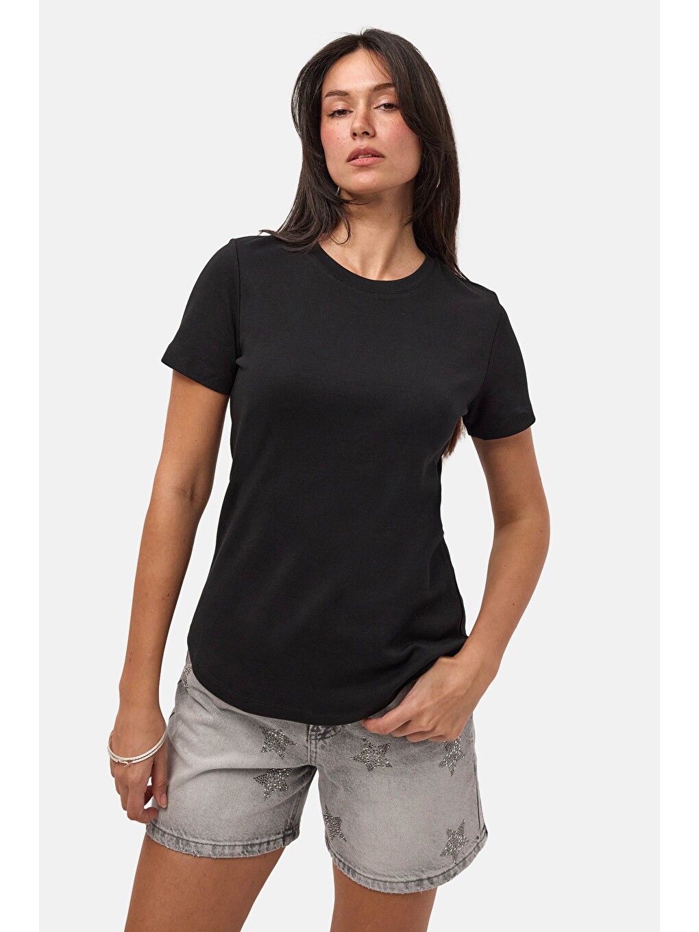 Kadın Siyah s6-1 Bisiklet Yaka Organik Pamuk T-Shirt-4