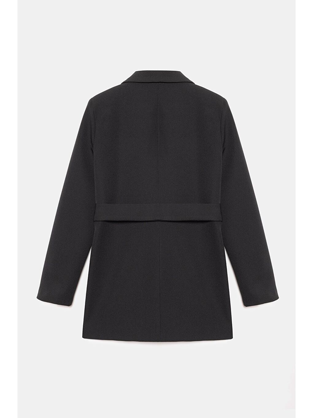 Siyah Kadın Tek Düğmeli Dokuma Kruvaze Blazer Ceket - Kuşaklı-5