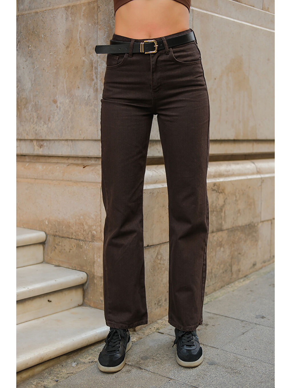 Kadın Kemerli Jean Pantolon Kahverengi-3