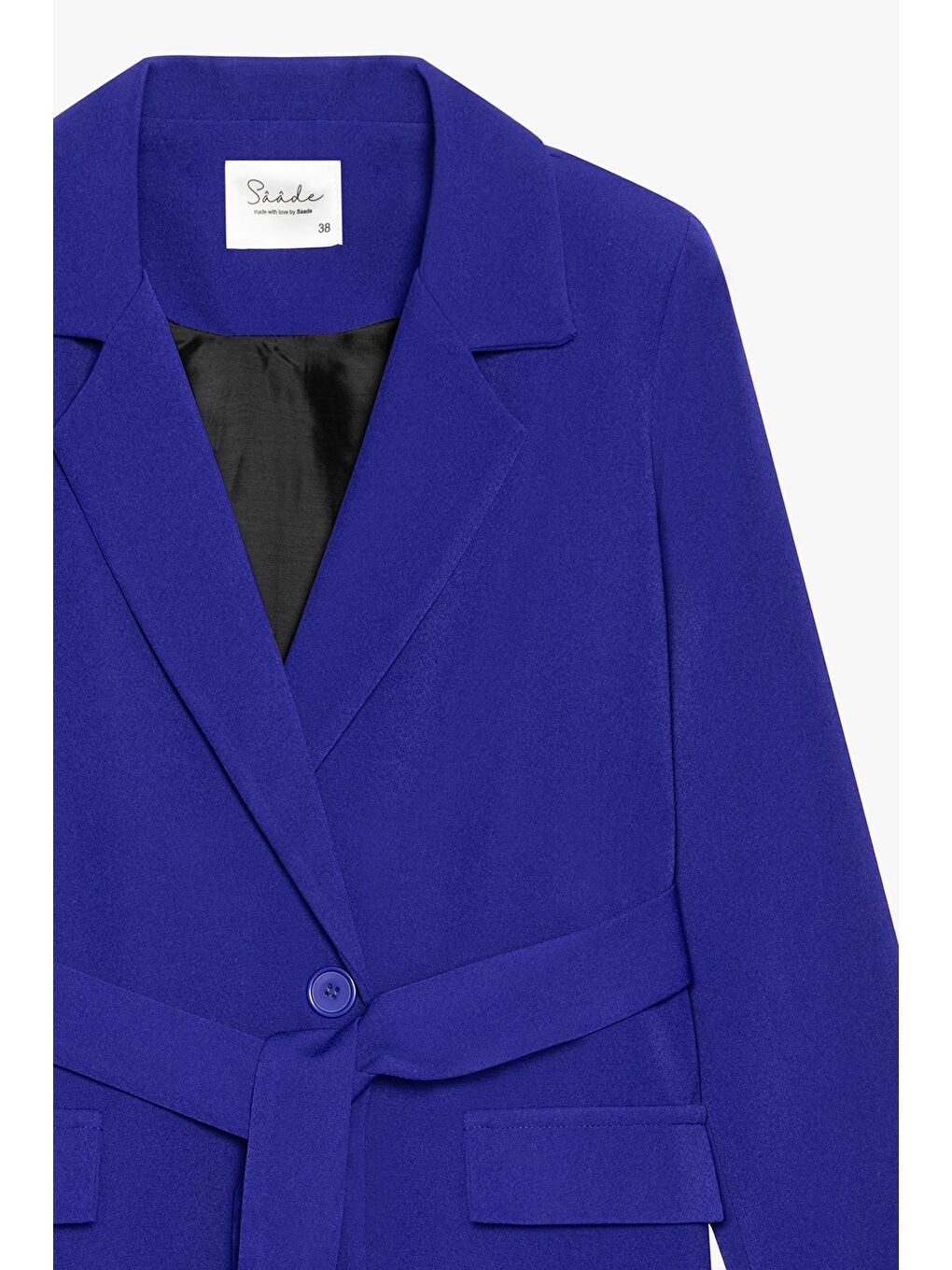 Saks Mavi Kadın Tek Düğmeli Dokuma Kruvaze Blazer Ceket - Kuşaklı-1