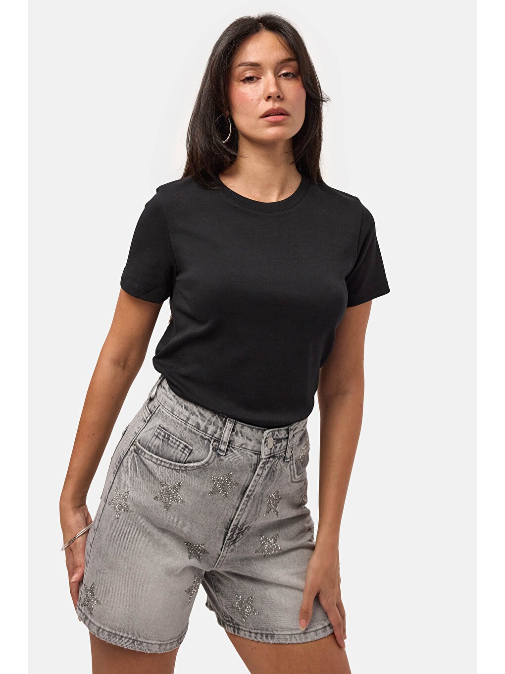 Kadın Siyah s6-1 Bisiklet Yaka Organik Pamuk T-Shirt-5