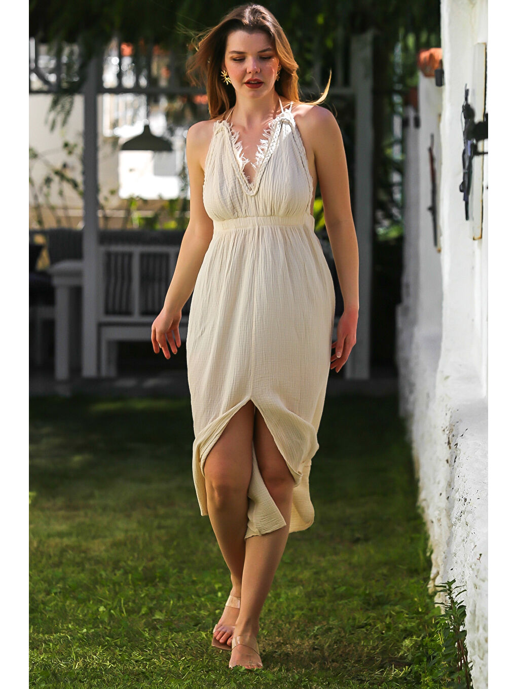 Ekru Krem V Yaka Askılı Yırtmaçlı Yıkamalı Ve Pis Dikişli Casual Müslin Uzun Dokuma Elbise 135 60-3