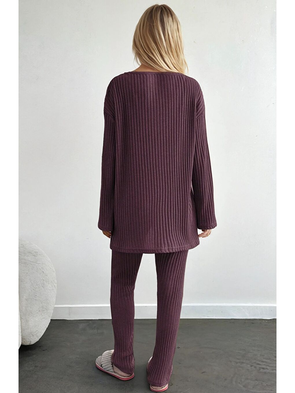 Bordo Raporlu Kumaş Uzun Kol Pijama Takım-1