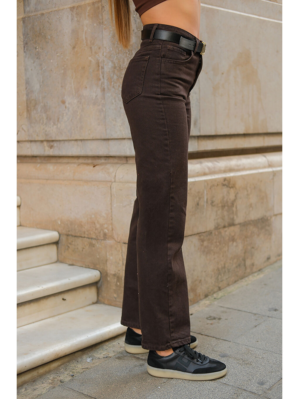 Kadın Kemerli Jean Pantolon Kahverengi-4