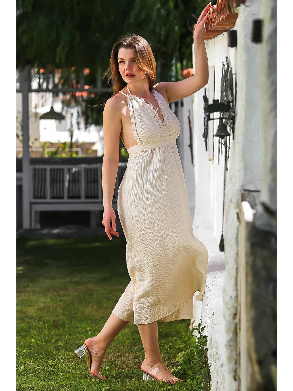 Ekru Krem V Yaka Askılı Yırtmaçlı Yıkamalı Ve Pis Dikişli Casual Müslin Uzun Dokuma Elbise 135 60-6