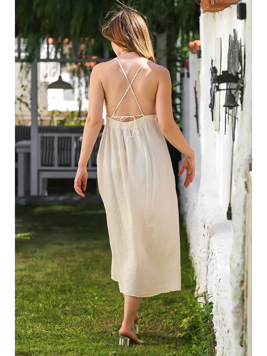 Ekru Krem V Yaka Askılı Yırtmaçlı Yıkamalı Ve Pis Dikişli Casual Müslin Uzun Dokuma Elbise 135 60-7