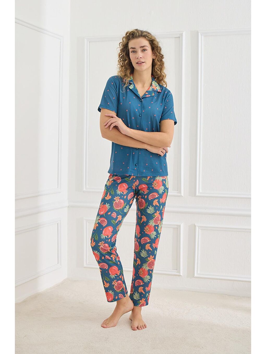 Kadın Desenli Polo Yaka Elastanlı Pijama Takım | İndigo 70110-855