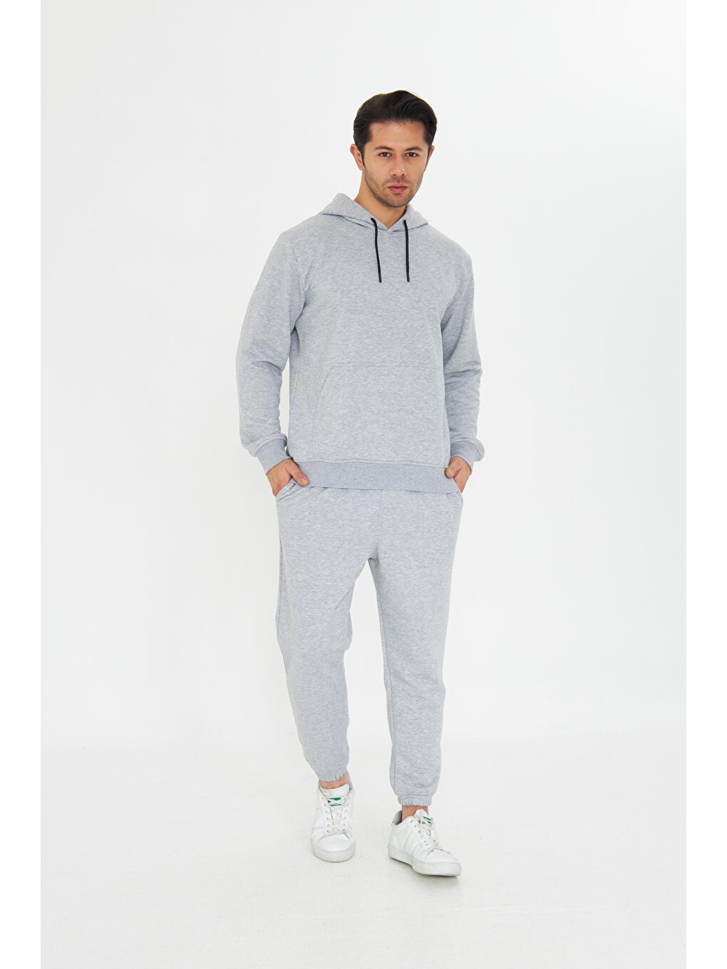 Gri Şardonsuz 3 Iplik Pamuklu Basic Kapüşonlu Unisex Eşofman Takımı 5737