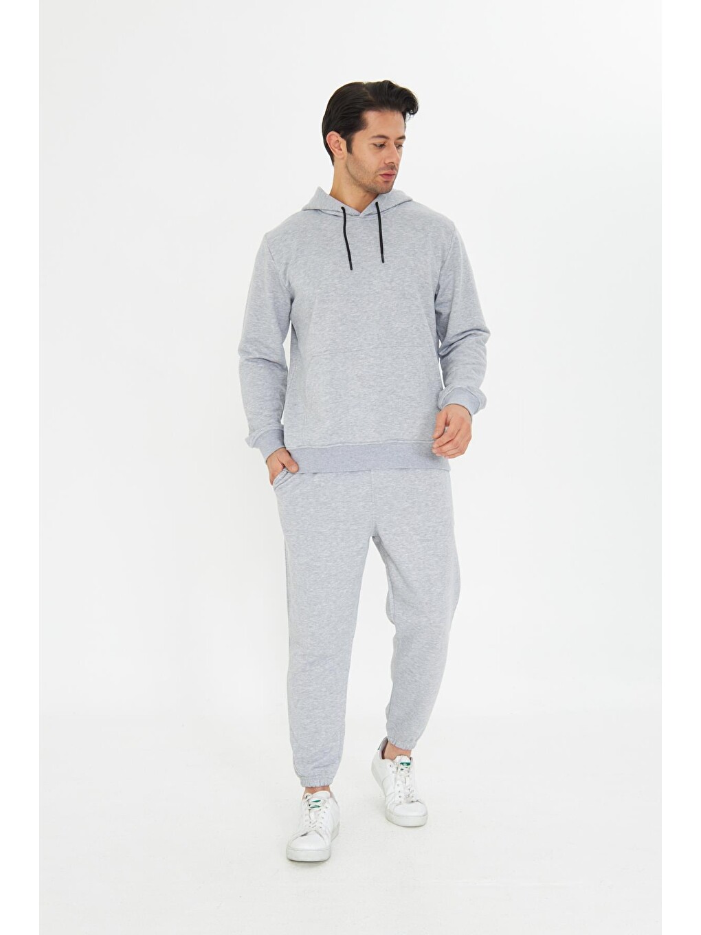 Gri Şardonsuz 3 Iplik Pamuklu Basic Kapüşonlu Unisex Eşofman Takımı 5737-1