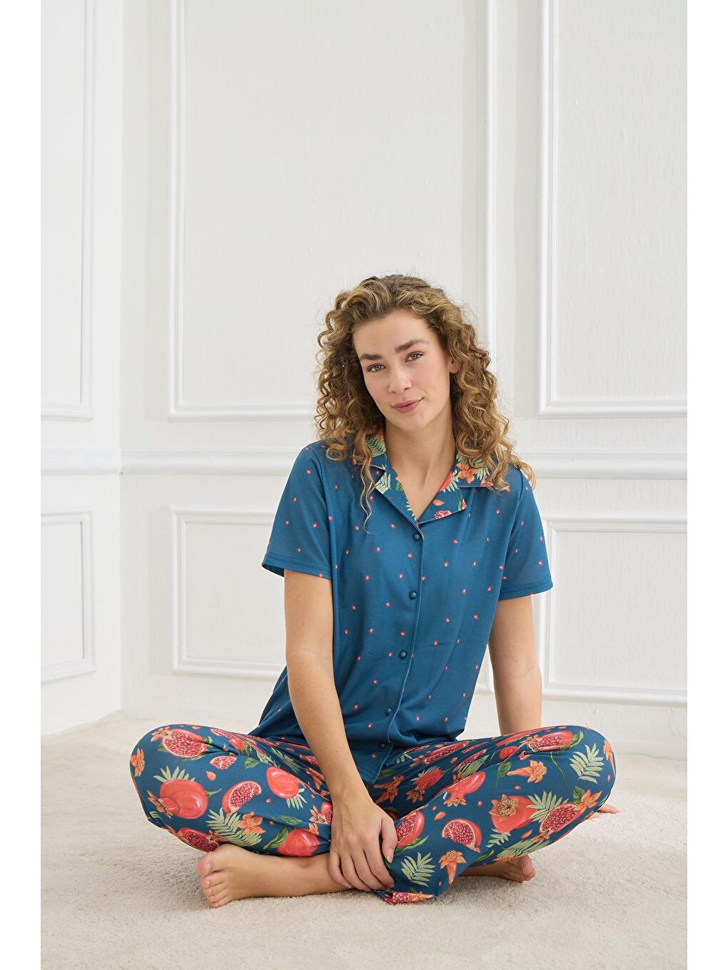 Kadın Desenli Polo Yaka Elastanlı Pijama Takım | İndigo 70110-855-1