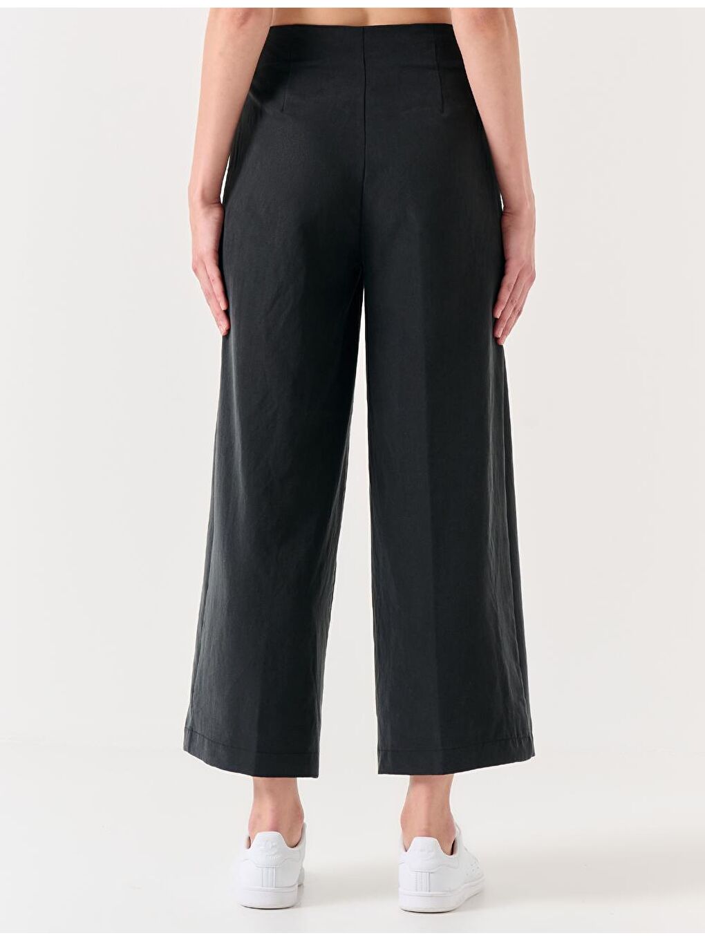 Siyah Bol Paça Yüksek Bel Dokuma Pantolon-5