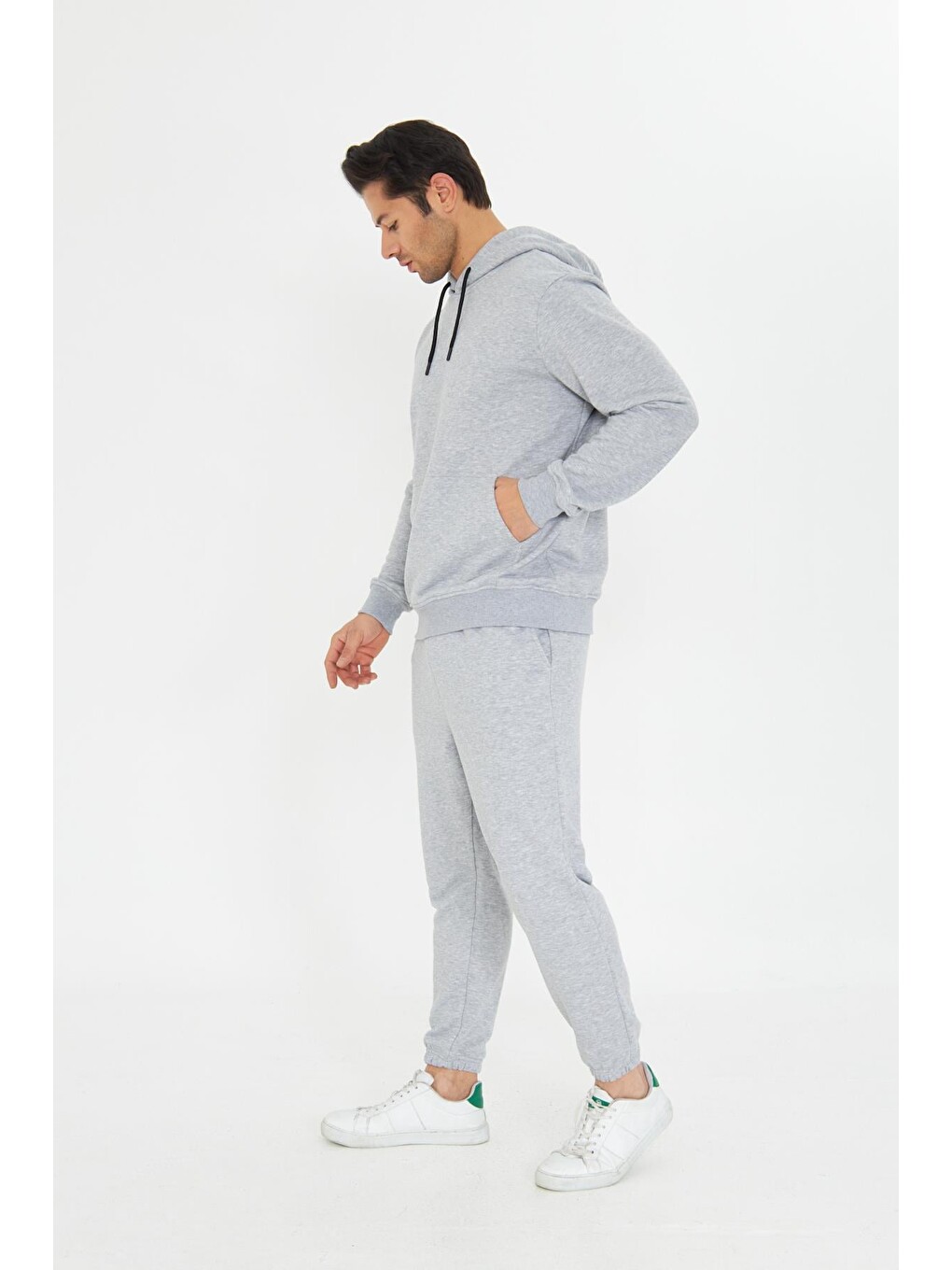 Gri Şardonsuz 3 Iplik Pamuklu Basic Kapüşonlu Unisex Eşofman Takımı 5737-2