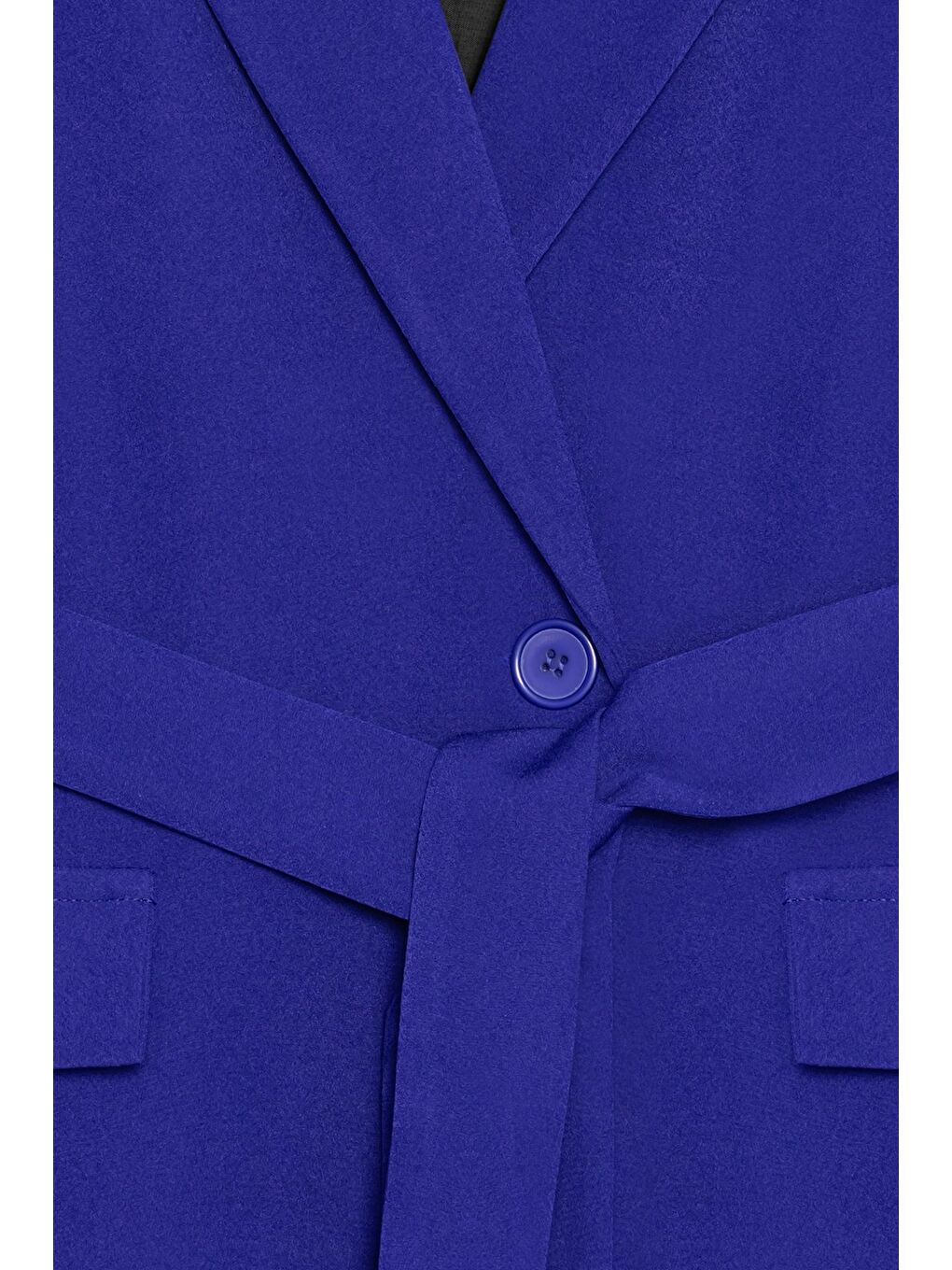 Saks Mavi Kadın Tek Düğmeli Dokuma Kruvaze Blazer Ceket - Kuşaklı-2