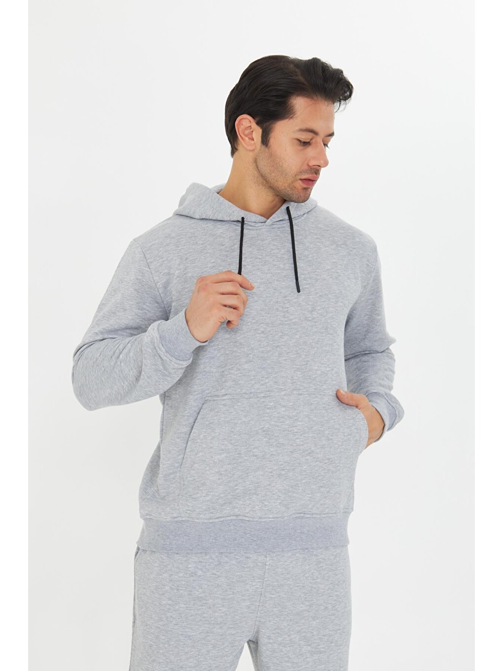 Gri Şardonsuz 3 Iplik Pamuklu Basic Kapüşonlu Unisex Eşofman Takımı 5737-3