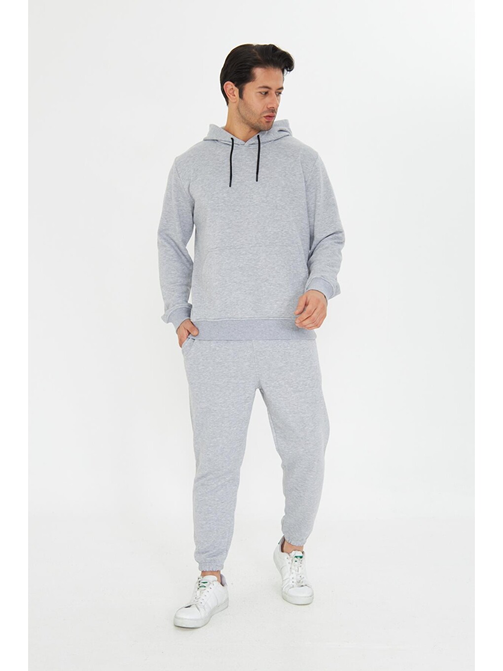 Gri Şardonsuz 3 Iplik Pamuklu Basic Kapüşonlu Unisex Eşofman Takımı 5737-4