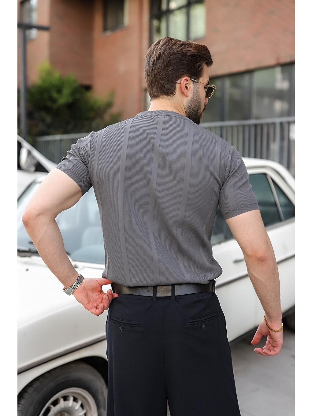 Antrasit Regular Fit Bisiklet Yaka Fitilli Triko Erkek Tişört E7490-2