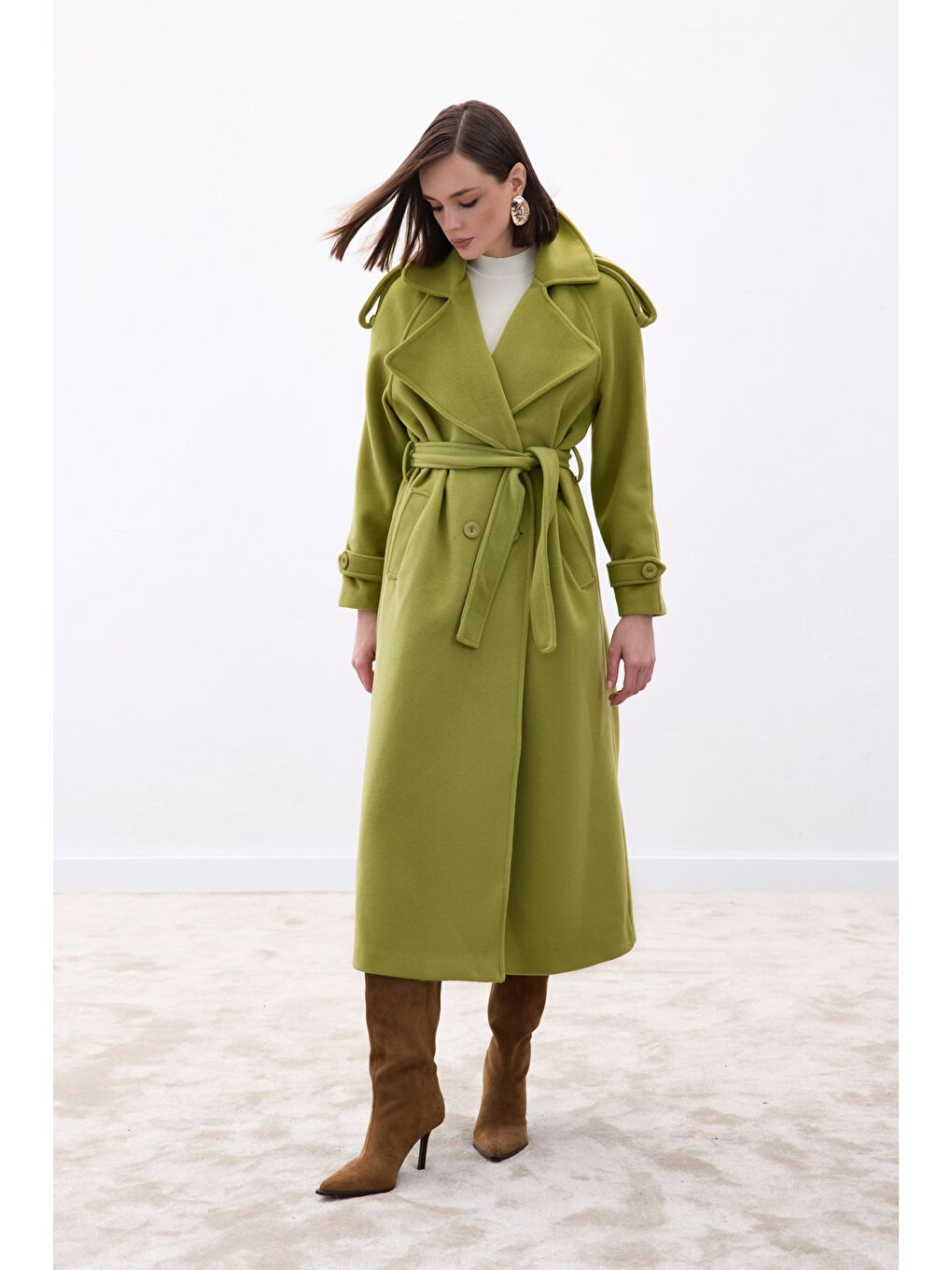 Geniş Yaka Uzun Kaban - Yeşil