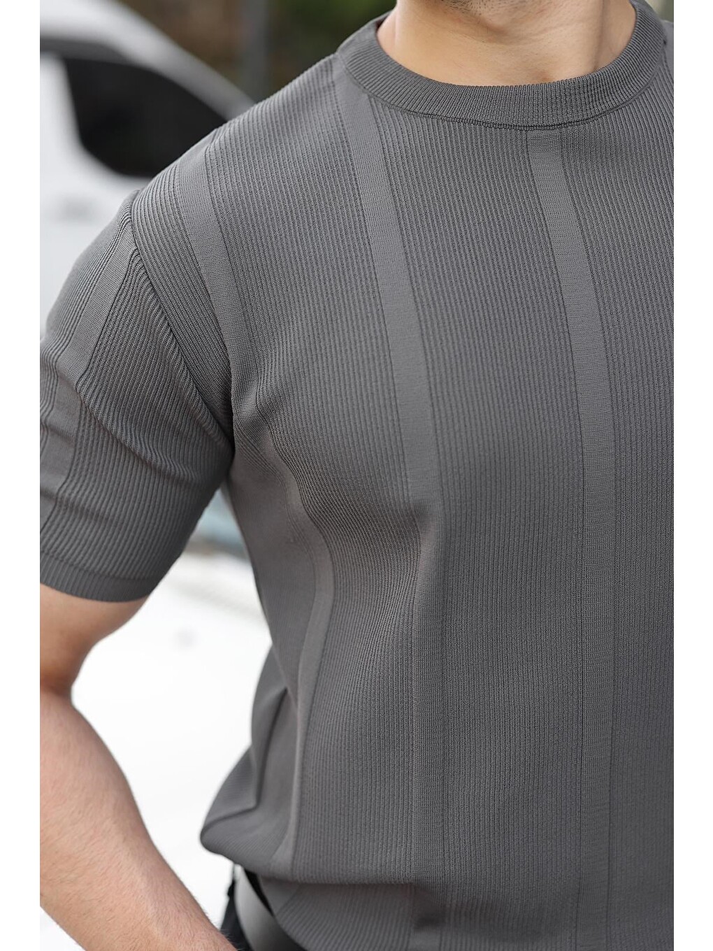 Antrasit Regular Fit Bisiklet Yaka Fitilli Triko Erkek Tişört E7490-3