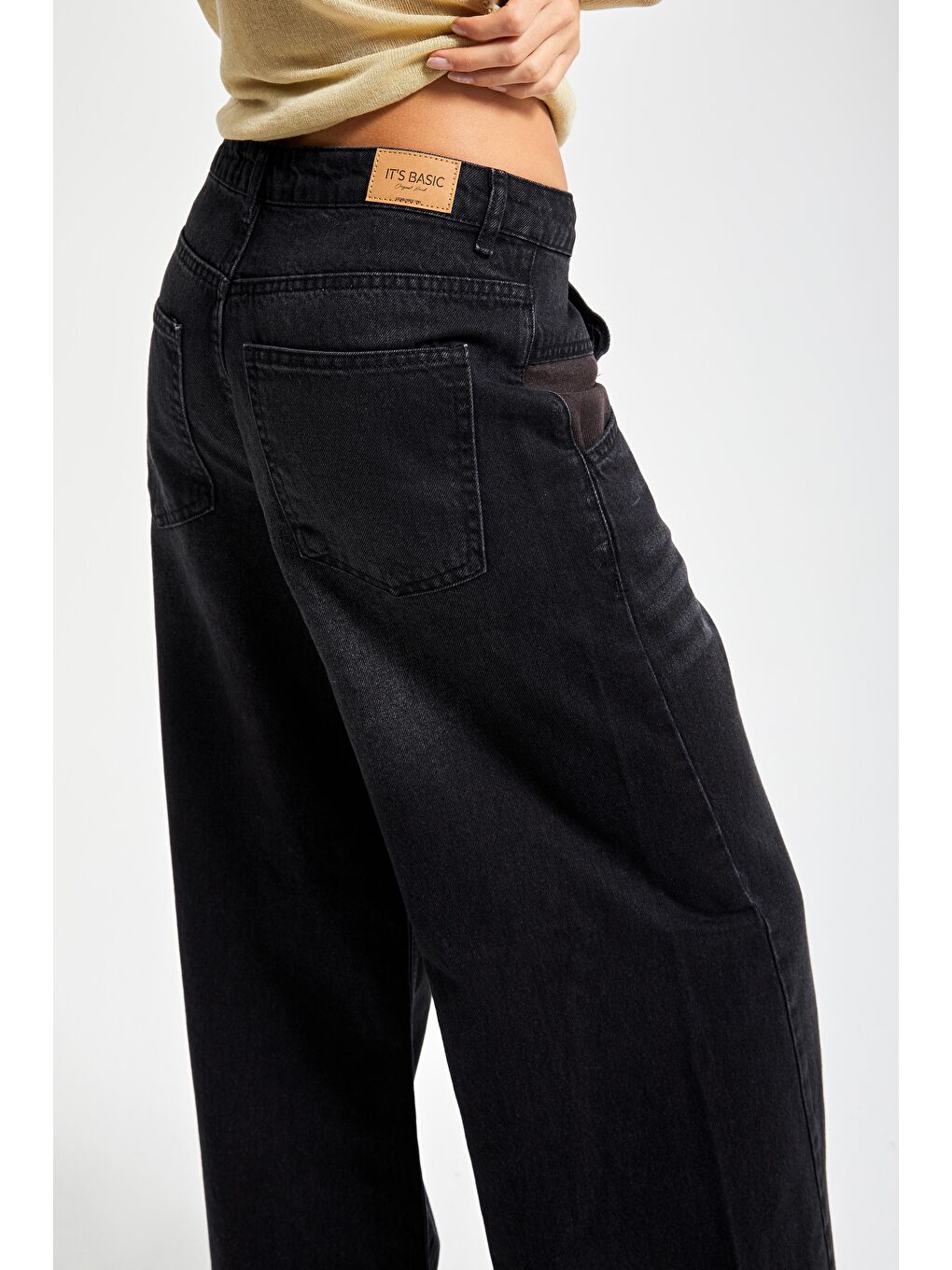 Gri Kadın Koyu Füme Renk 2w5-1 Palazzo Fit Bol Kesim Cep Detaylı %100 Pamuk Denim Jean-3