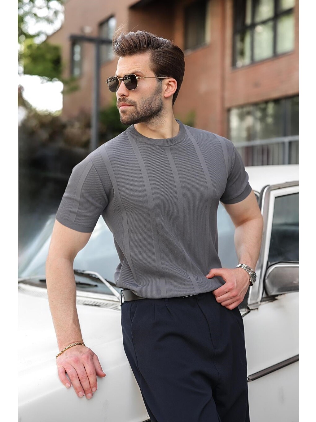 Antrasit Regular Fit Bisiklet Yaka Fitilli Triko Erkek Tişört E7490-4