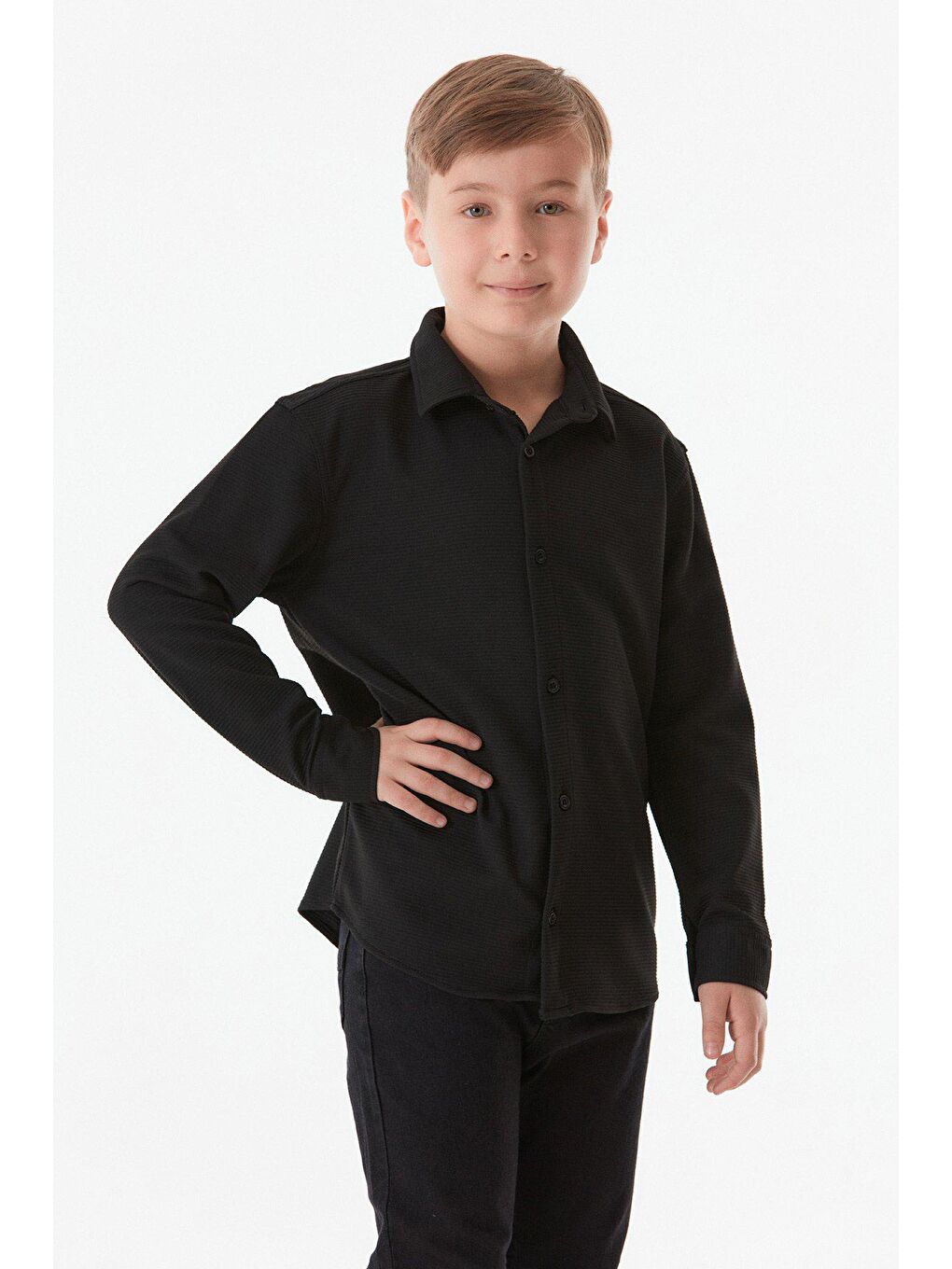 Siyah Fitilli Düğmeli Erkek Çocuk Gömlek-1