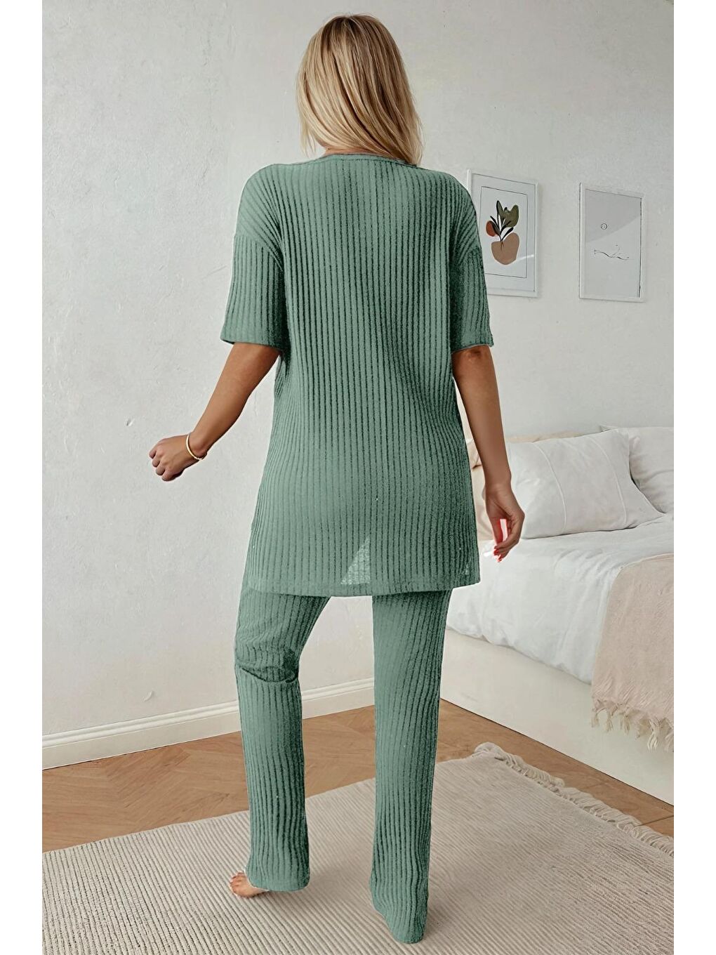 Yeşil Raporlu Kumaş Kısa Kol Pijama Takım-1