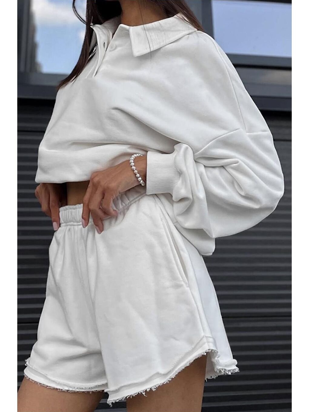 Ekru Polo Yaka Kadın Şort Sweatshirt Takım Mg2375-1