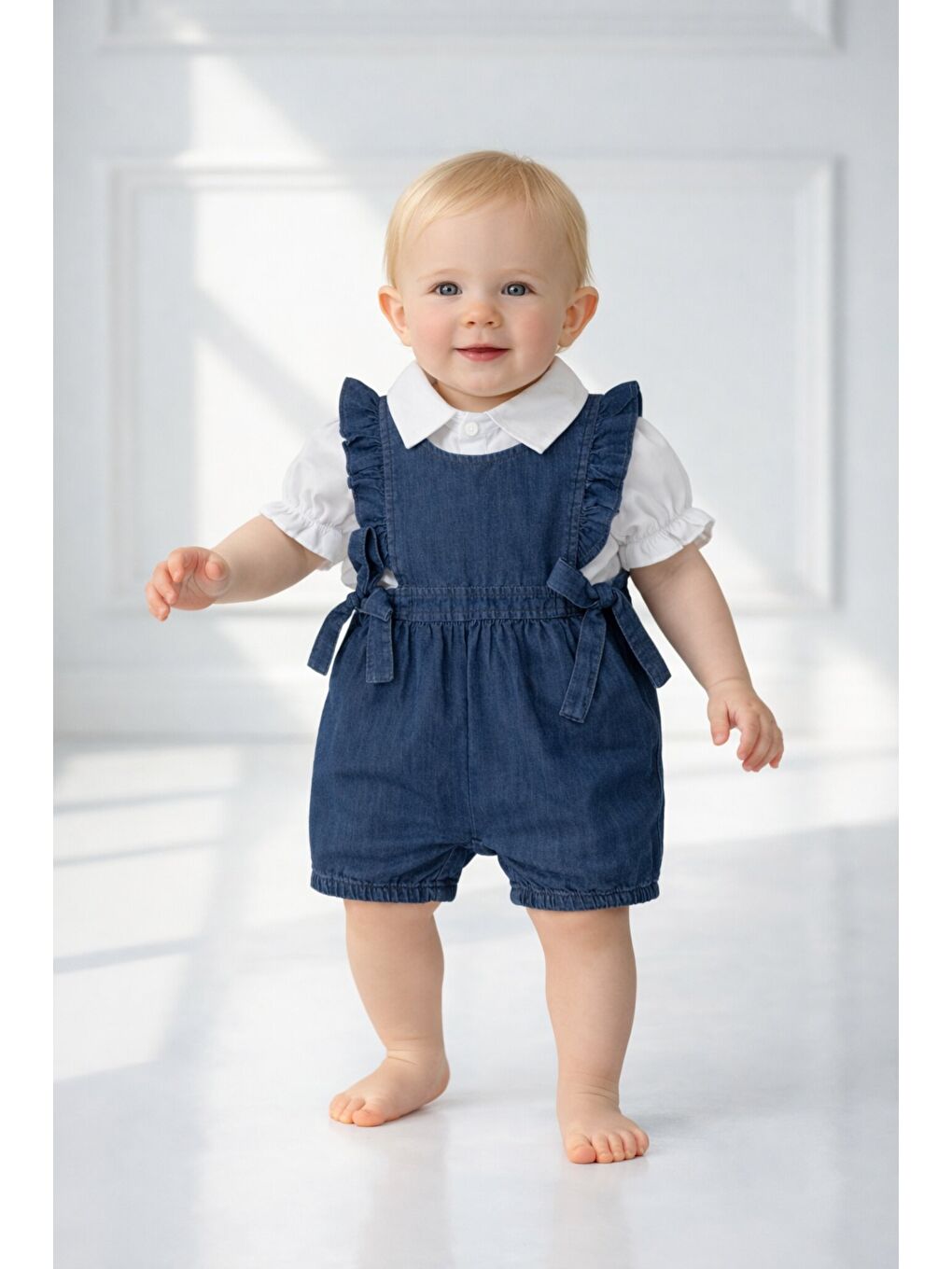 Mavi Kız Bebek 2 Parça Jean Jean Tulum Gömlekli Kısa Kollu Kısa Boy Çıtçıtlı Yazlık-2