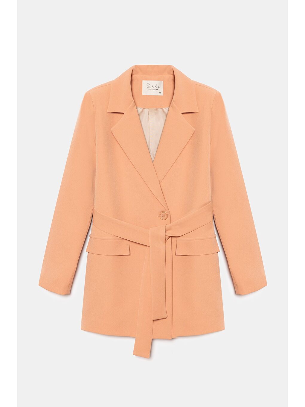 Pembe Somon Kadın Tek Düğmeli Dokuma Kruvaze Blazer Ceket - Kuşaklı