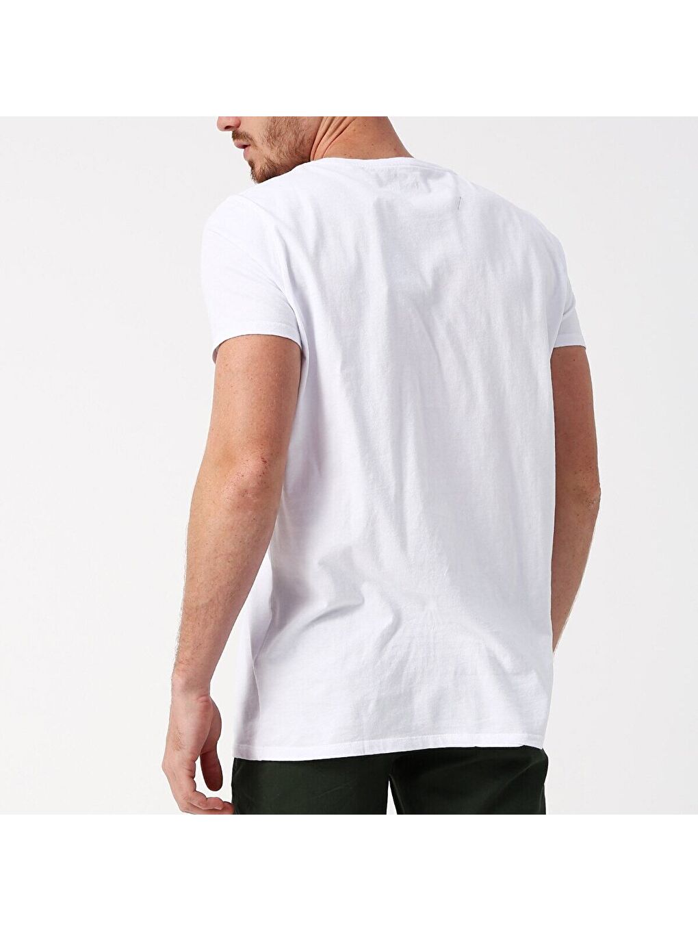 Solid Erkek Beyaz Bisiklet Yaka Tişört-1