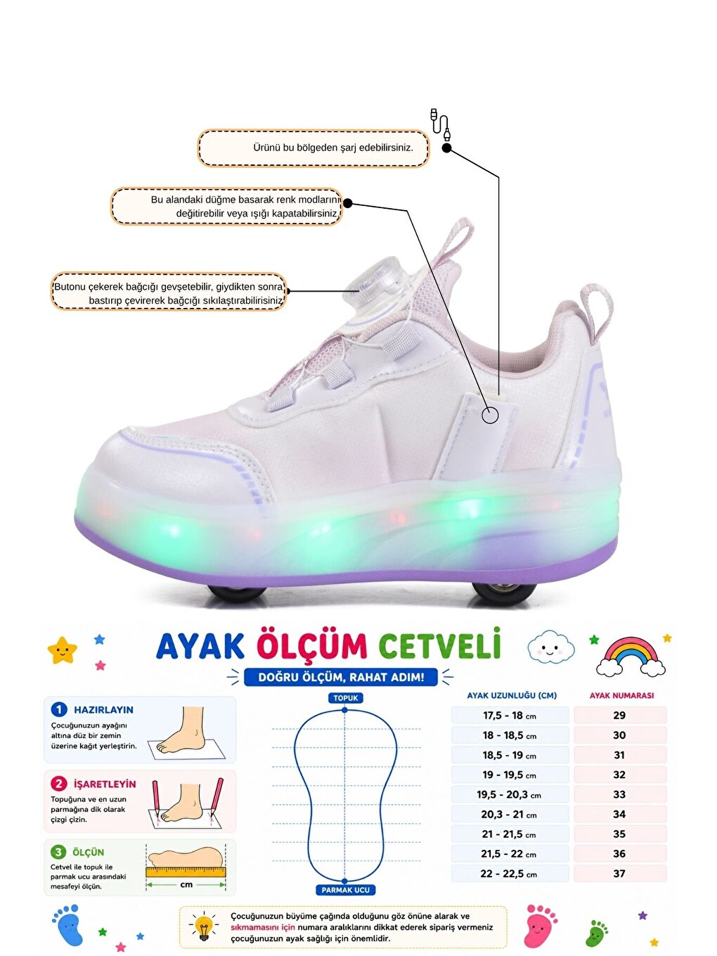 Kız Çocuk Beyaz Mor Şarjlı Işıklı Akıllı Bağcıklı Tekerlekli Paten Ayakkabı Yung-3
