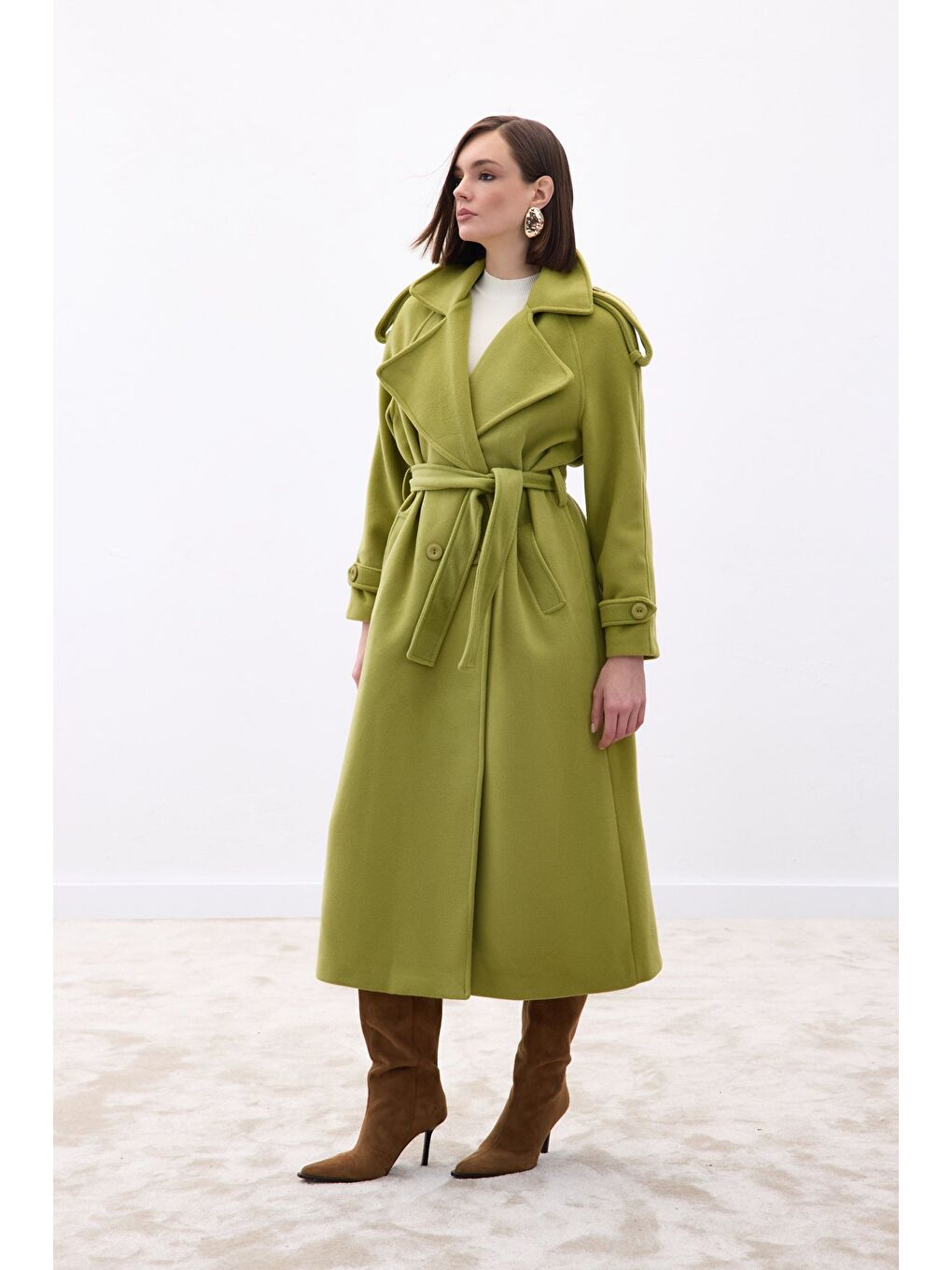 Geniş Yaka Uzun Kaban - Yeşil-2