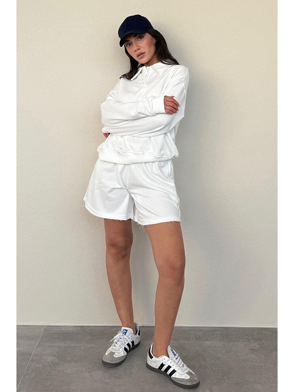 Ekru Polo Yaka Kadın Şort Sweatshirt Takım Mg2375-2