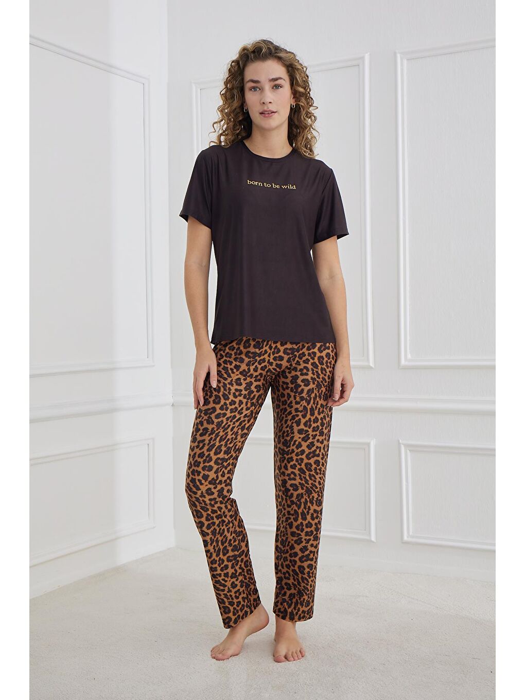 Kadın Leopar Desenli Bisiklet Yaka Pijama Takım | Siyah 30102-1287