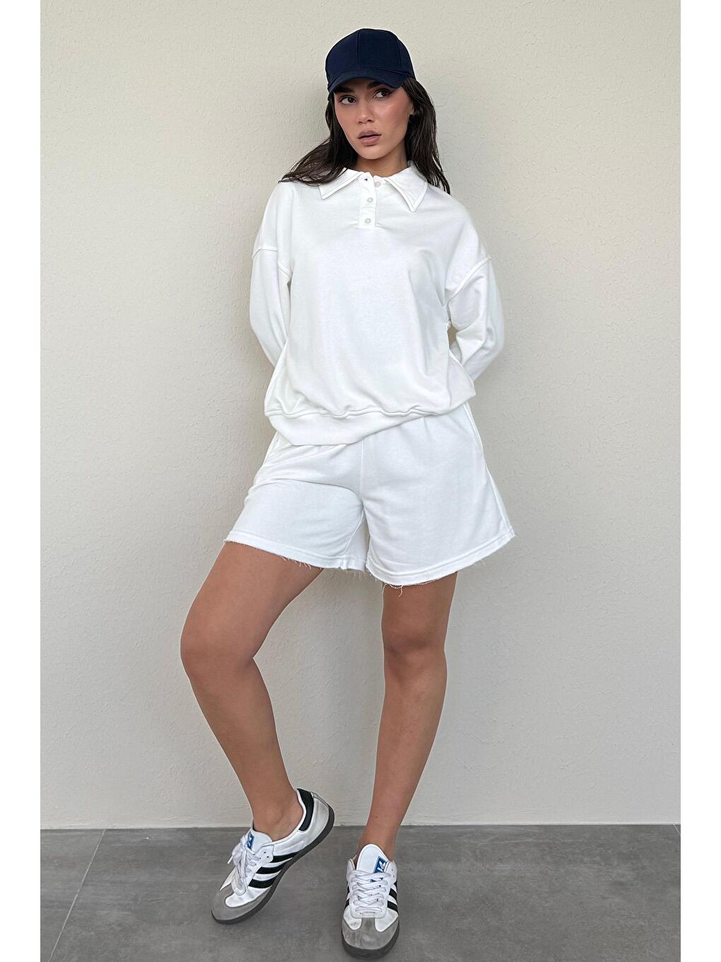 Ekru Polo Yaka Kadın Şort Sweatshirt Takım Mg2375-3