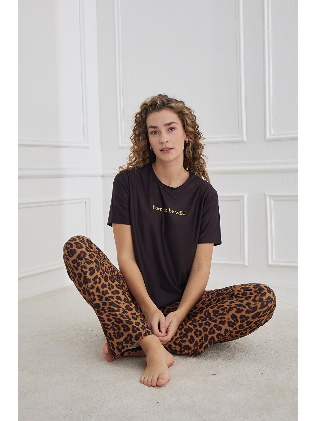 Kadın Leopar Desenli Bisiklet Yaka Pijama Takım | Siyah 30102-1287-1