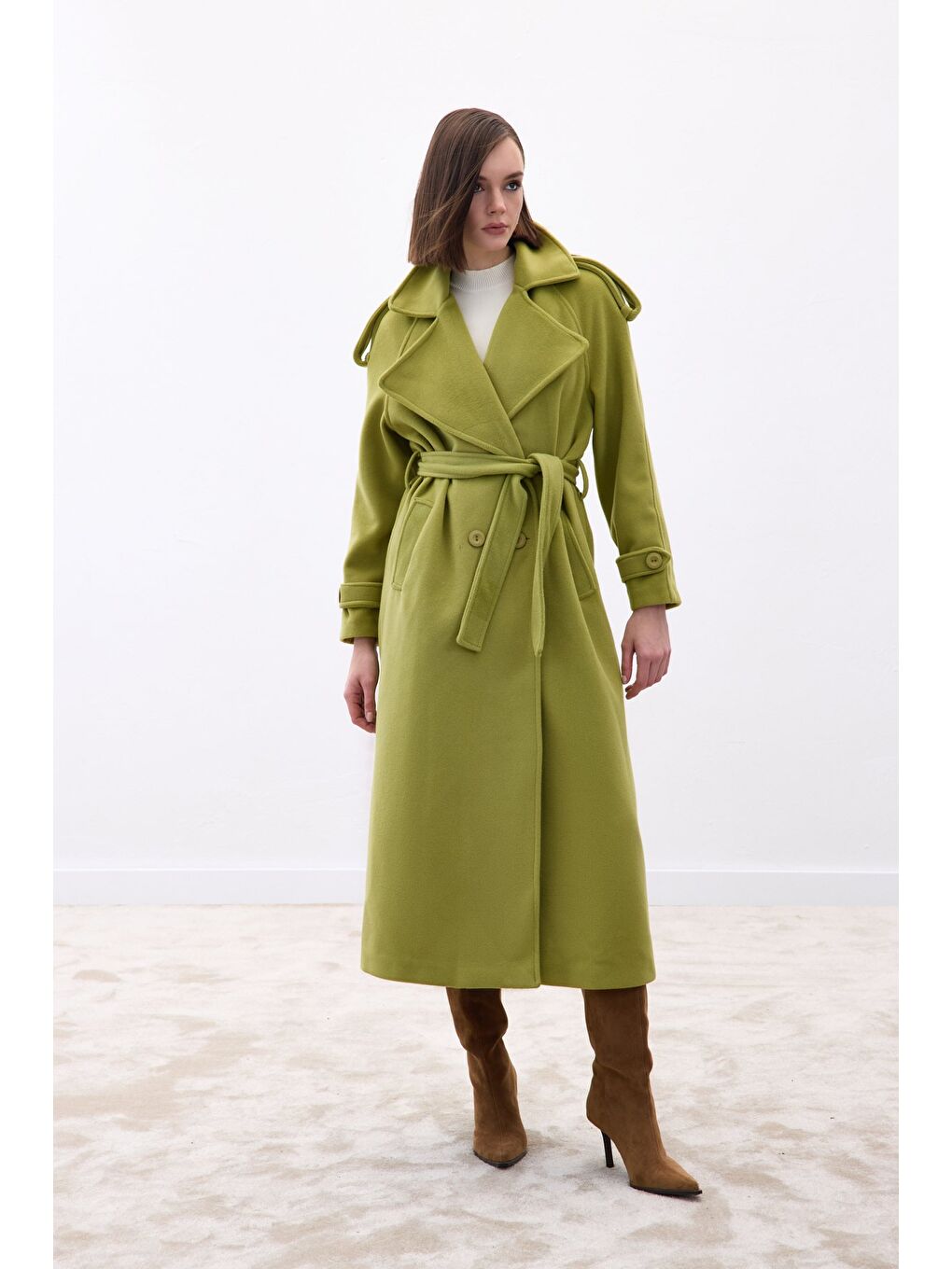 Geniş Yaka Uzun Kaban - Yeşil-3