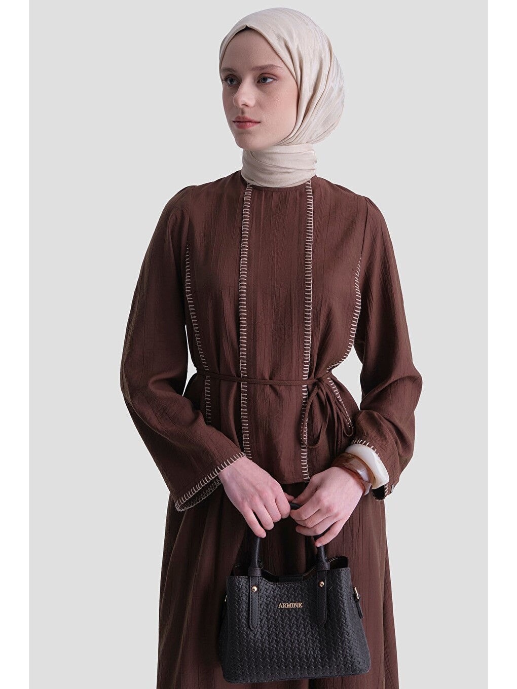 Dikiş Detaylı Takım Kahverengi-5