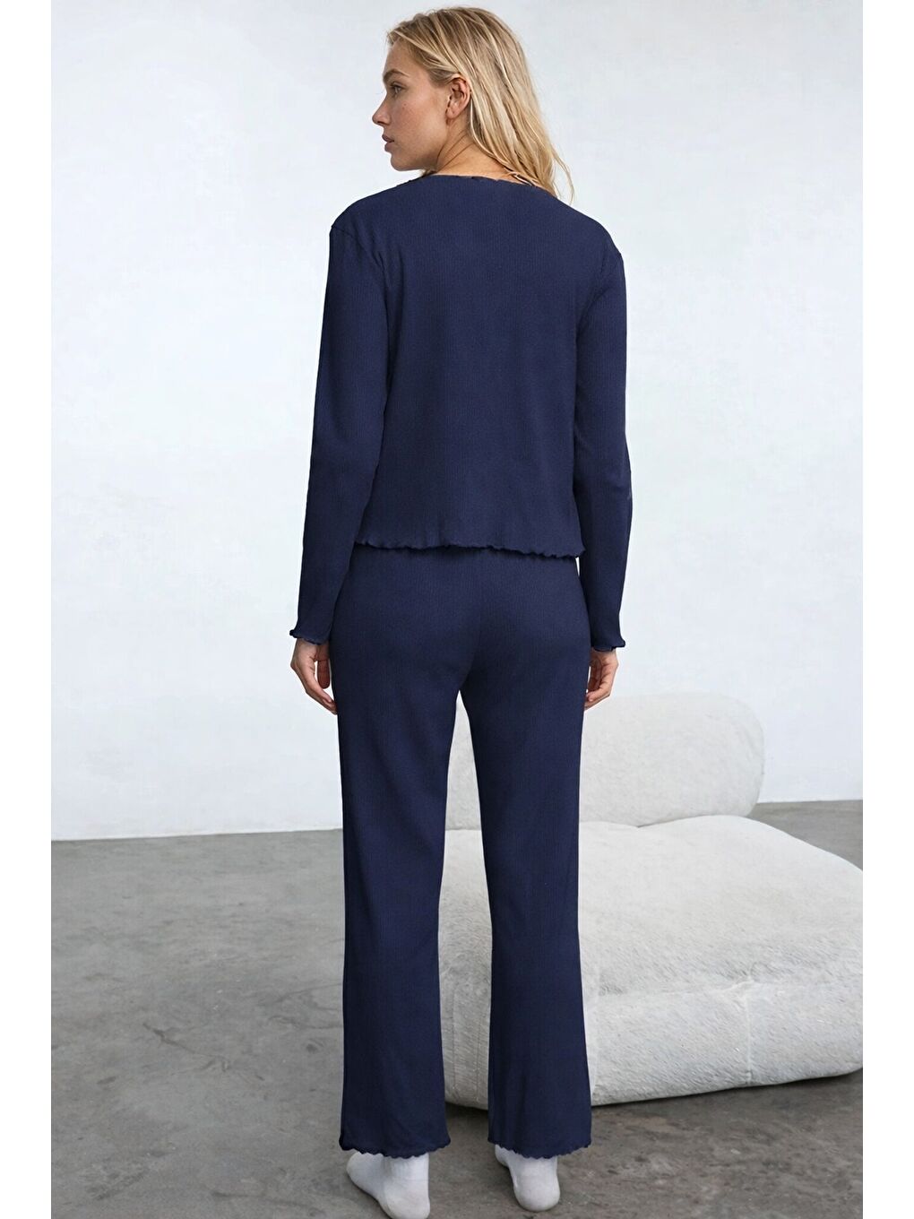 Lacivert Pamuklu Dantel ve Fiyonk Detaylı Fitilli Örme Pijama Takımı-2