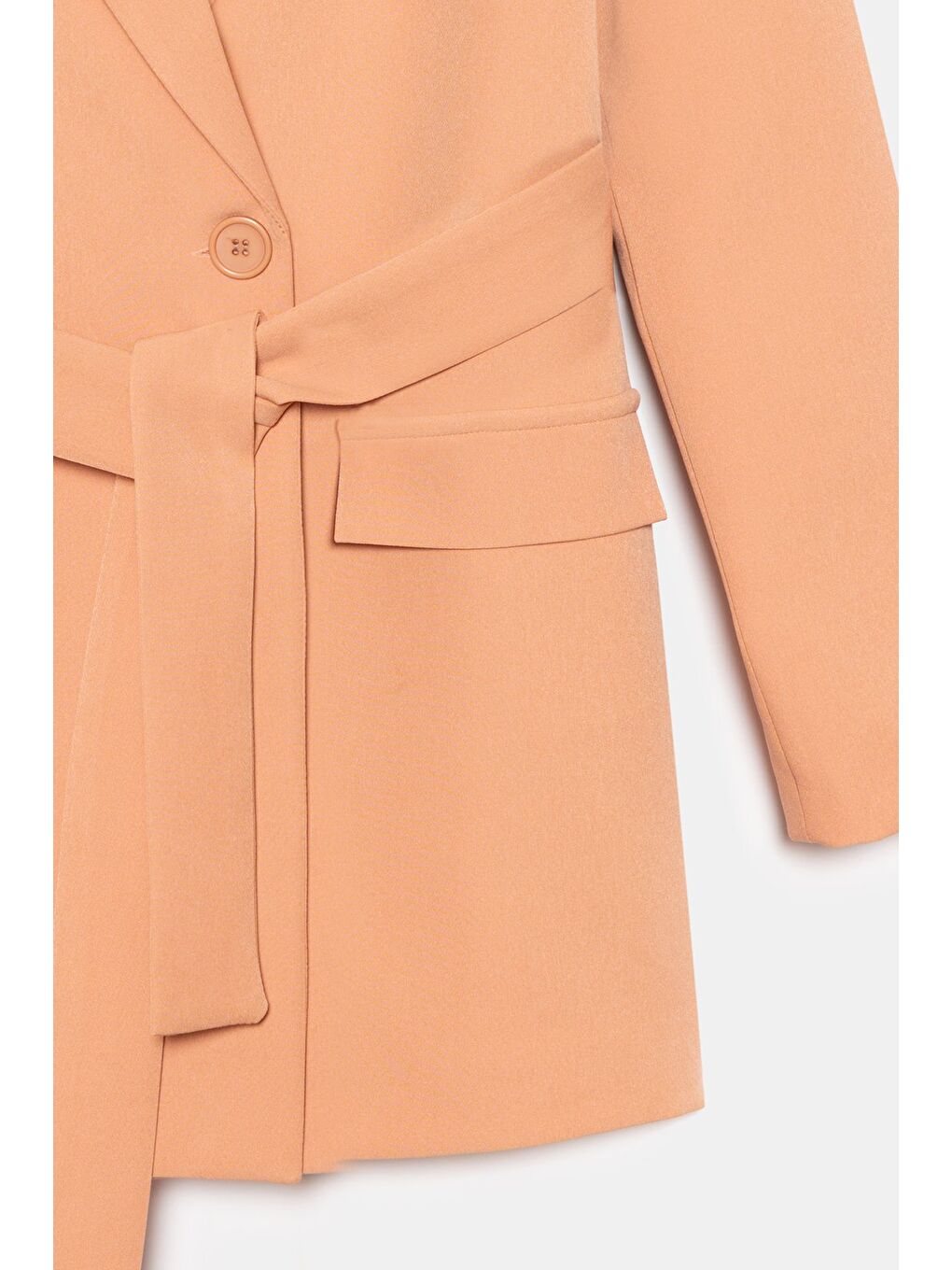 Pembe Somon Kadın Tek Düğmeli Dokuma Kruvaze Blazer Ceket - Kuşaklı-2