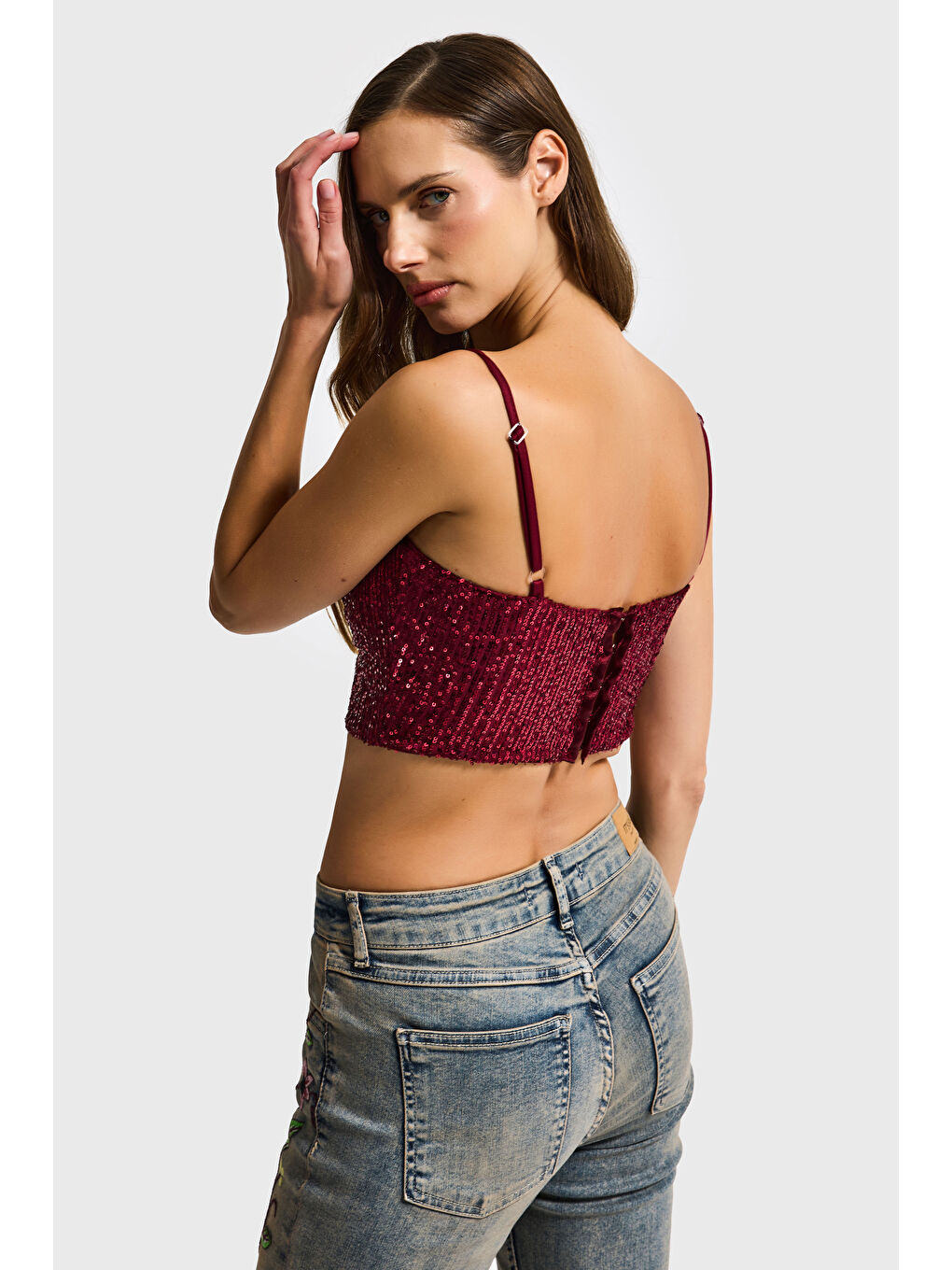 Kadın Bordo Renk Pul Payet Detaylı Askılı Büstiyer-1