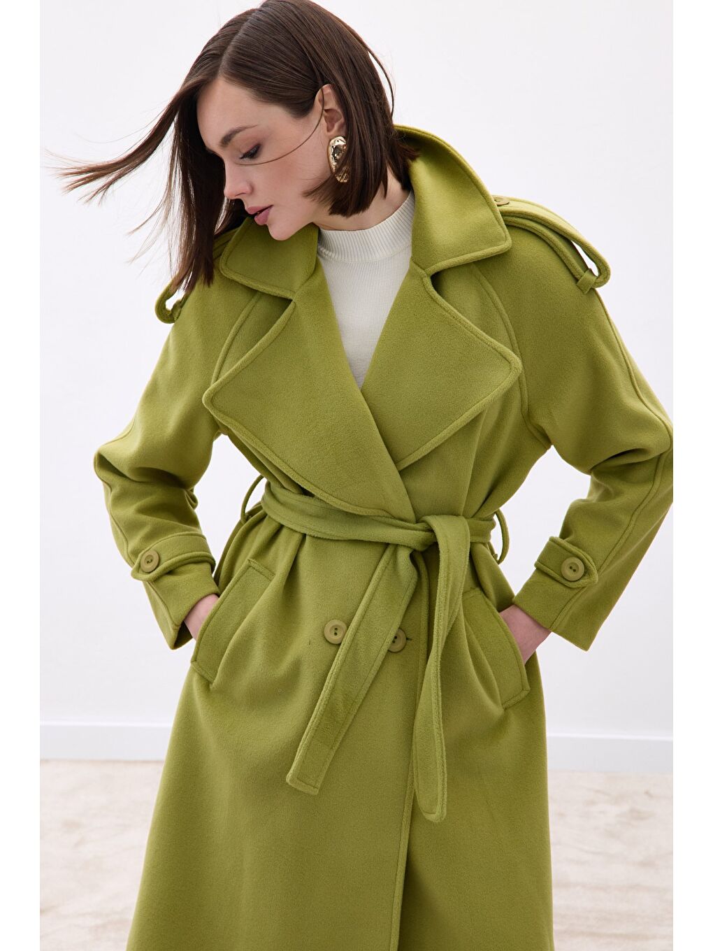 Geniş Yaka Uzun Kaban - Yeşil-4