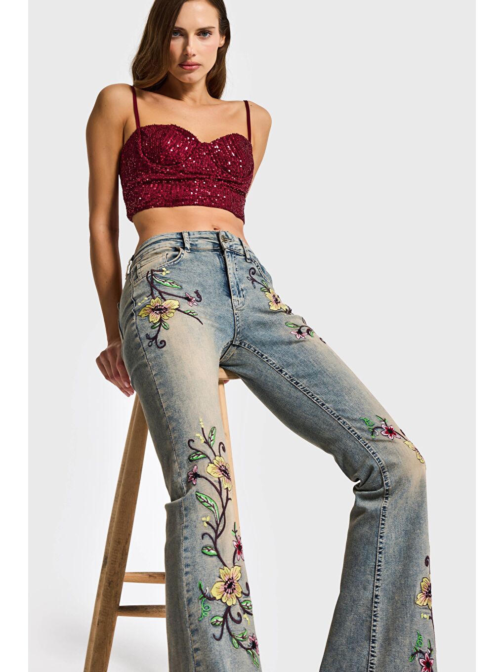 Kadın Bordo Renk Pul Payet Detaylı Askılı Büstiyer-2