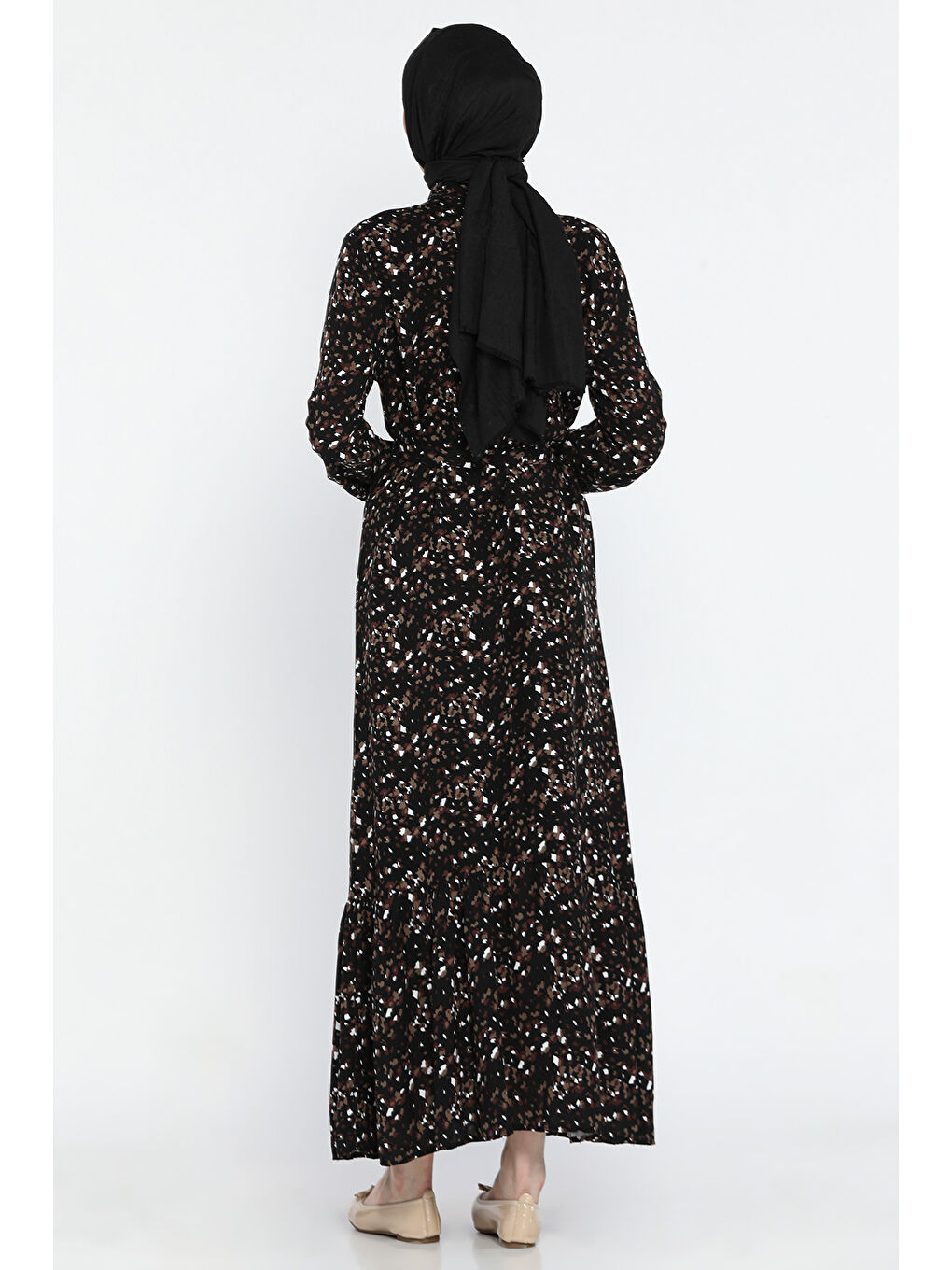 Siyah Bel Kuşaklı Desenli Viskon Tesettür Elbise-5